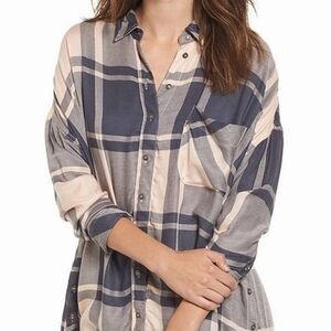 Free People Plaid Button Up Top Size XS Cream Navy